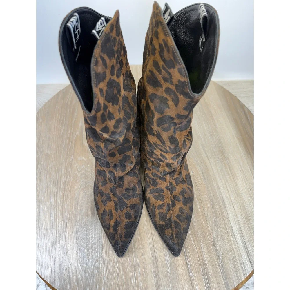 Elena Iachi Leopard Suede Slouch Western Boots 40 9 Pointed Toe Italy